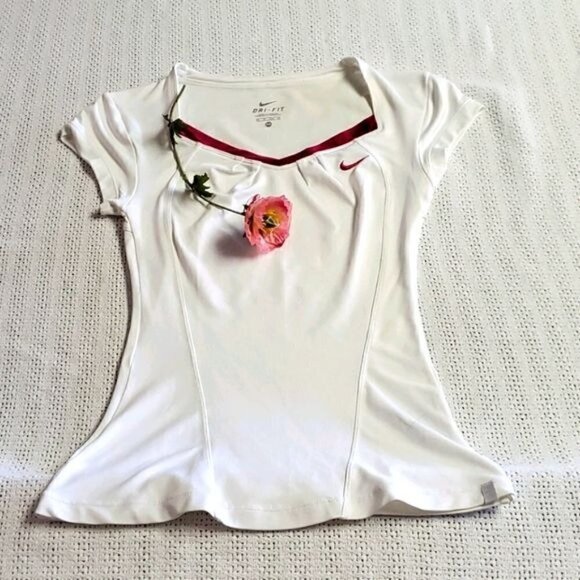 Nike Swoosh White with Pink Trim‎ V-neck Sz. XS SS Athletic Shirt - Picture 1 of 8